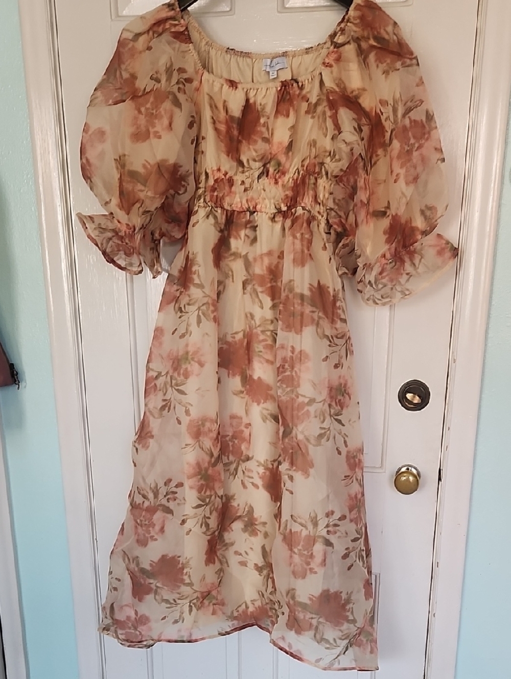 Sheer Water Color Floral Midi Dress in Cream and Rust